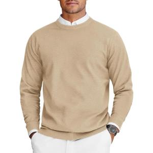 imageCOOFANDY Mens Crew Neck Sweaters Long Sleeve Lightweight Knit Dress Pullover SweatersLight Camel