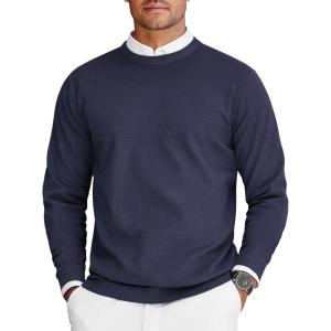 imageCOOFANDY Mens Crew Neck Sweaters Long Sleeve Lightweight Knit Dress Pullover SweatersNavy Blue