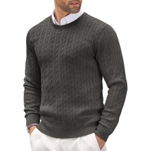 imageCOOFANDY Mens Crewneck Knit Sweater Slim Fit Lightweight Casual Twist Patterned Cable Knitted PulloverAdark Grey