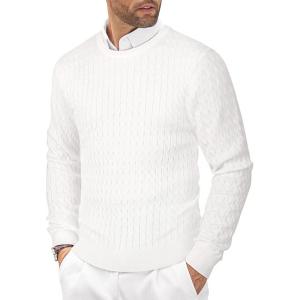 imageCOOFANDY Mens Crewneck Knit Sweater Slim Fit Lightweight Casual Twist Patterned Cable Knitted PulloverBwhite