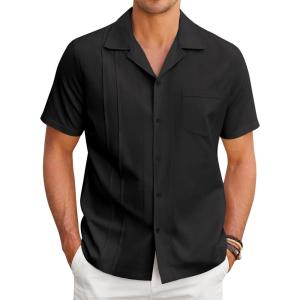 imageCOOFANDY Mens Cuban Guayabera Shirt Short Sleeve Button Down Shirts Casual Summer Linen ShirtsBlack