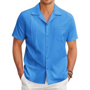imageCOOFANDY Mens Cuban Guayabera Shirt Short Sleeve Button Down Shirts Casual Summer Linen ShirtsBlue