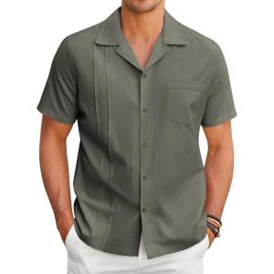 imageCOOFANDY Mens Cuban Guayabera Shirt Short Sleeve Button Down Shirts Casual Summer Linen ShirtsDark Green