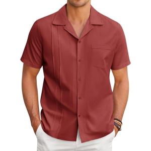 imageCOOFANDY Mens Cuban Guayabera Shirt Short Sleeve Button Down Shirts Casual Summer Linen ShirtsDark Red