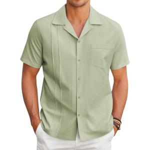 imageCOOFANDY Mens Cuban Guayabera Shirt Short Sleeve Button Down Shirts Casual Summer Linen ShirtsIce Green