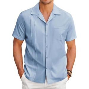 imageCOOFANDY Mens Cuban Guayabera Shirt Short Sleeve Button Down Shirts Casual Summer Linen ShirtsLight Blue