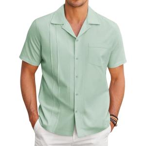 imageCOOFANDY Mens Cuban Guayabera Shirt Short Sleeve Button Down Shirts Casual Summer Linen ShirtsLight Green