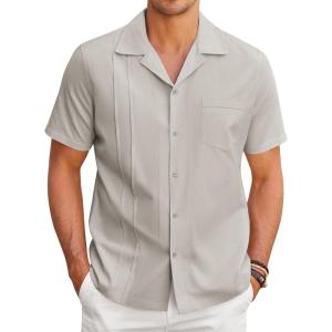 imageCOOFANDY Mens Cuban Guayabera Shirt Short Sleeve Button Down Shirts Casual Summer Linen ShirtsLight Grey