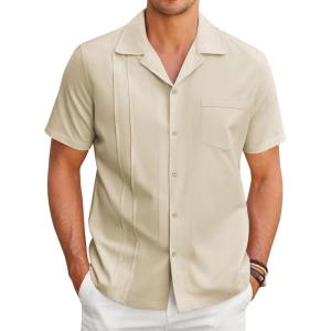 imageCOOFANDY Mens Cuban Guayabera Shirt Short Sleeve Button Down Shirts Casual Summer Linen ShirtsLight Khaki