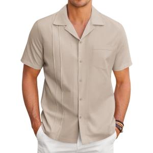 imageCOOFANDY Mens Cuban Guayabera Shirt Short Sleeve Button Down Shirts Casual Summer Linen ShirtsMoon Grey