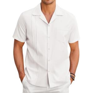 imageCOOFANDY Mens Cuban Guayabera Shirt Short Sleeve Button Down Shirts Casual Summer Linen ShirtsWhite