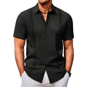 imageCOOFANDY Mens Cuban Guayabera Shirts Casual Short Sleeve Button Down Shirt Summer Beach Vacation ShirtBlack
