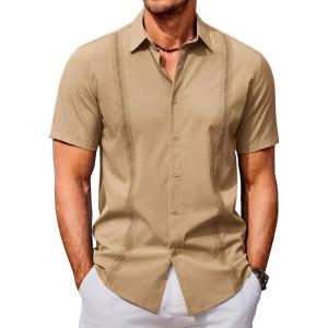 imageCOOFANDY Mens Cuban Guayabera Shirts Casual Short Sleeve Button Down Shirt Summer Beach Vacation ShirtCamel