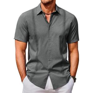 imageCOOFANDY Mens Cuban Guayabera Shirts Casual Short Sleeve Button Down Shirt Summer Beach Vacation ShirtDark Grey