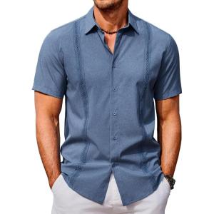 imageCOOFANDY Mens Cuban Guayabera Shirts Casual Short Sleeve Button Down Shirt Summer Beach Vacation ShirtDenim Blue