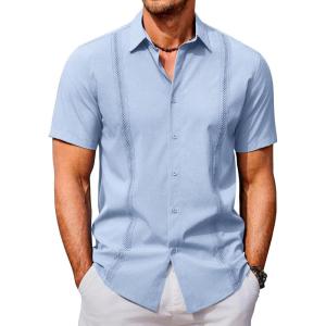 imageCOOFANDY Mens Cuban Guayabera Shirts Casual Short Sleeve Button Down Shirt Summer Beach Vacation ShirtLight Blue