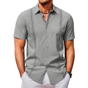 imageCOOFANDY Mens Cuban Guayabera Shirts Casual Short Sleeve Button Down Shirt Summer Beach Vacation ShirtLight Grey