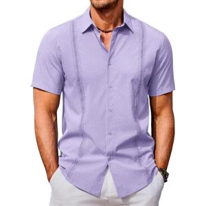imageCOOFANDY Mens Cuban Guayabera Shirts Casual Short Sleeve Button Down Shirt Summer Beach Vacation ShirtLight Purple
