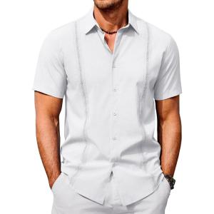 imageCOOFANDY Mens Cuban Guayabera Shirts Casual Short Sleeve Button Down Shirt Summer Beach Vacation ShirtWhite