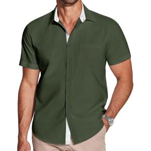 imageCOOFANDY Mens Dress Shirt Wrinkle Free Regular Fit Stretch Short Sleeve Button Down ShirtsArmy Greenwhite