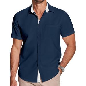 imageCOOFANDY Mens Dress Shirt Wrinkle Free Regular Fit Stretch Short Sleeve Button Down ShirtsDark Bluewhite
