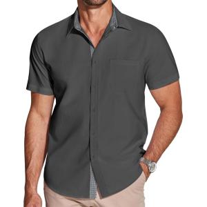 imageCOOFANDY Mens Dress Shirt Wrinkle Free Regular Fit Stretch Short Sleeve Button Down ShirtsDark Grey