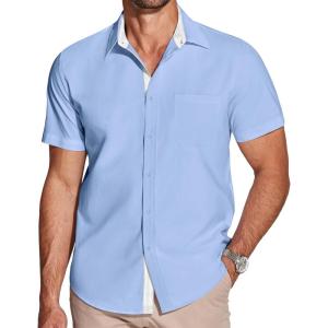imageCOOFANDY Mens Dress Shirt Wrinkle Free Regular Fit Stretch Short Sleeve Button Down ShirtsLight Bluewhite