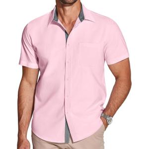 imageCOOFANDY Mens Dress Shirt Wrinkle Free Regular Fit Stretch Short Sleeve Button Down ShirtsLight Pink
