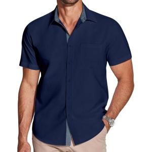 imageCOOFANDY Mens Dress Shirt Wrinkle Free Regular Fit Stretch Short Sleeve Button Down ShirtsNavy Blue
