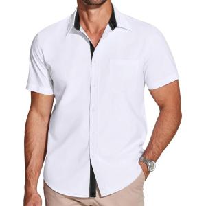imageCOOFANDY Mens Dress Shirt Wrinkle Free Regular Fit Stretch Short Sleeve Button Down ShirtsWhiteblack