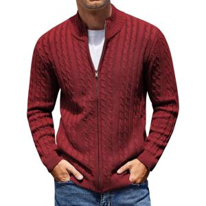 imageCOOFANDY Mens Full Zip Cardigan Sweater Slim Fit Cable Knitted Zip Up Sweater with PocketsWine Red