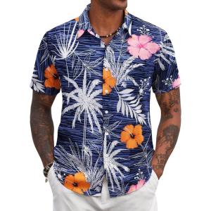 imageCOOFANDY Mens Hawaiian Shirts Short Sleeve Tropical Button Down Shirt Floral Shirt Summer Beach ShirtFlowers Blue Hibiscus