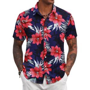 imageCOOFANDY Mens Hawaiian Shirts Short Sleeve Tropical Button Down Shirt Floral Shirt Summer Beach ShirtFlowers Navyred