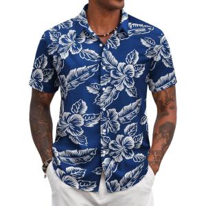 imageCOOFANDY Mens Hawaiian Shirts Short Sleeve Tropical Button Down Shirt Floral Shirt Summer Beach ShirtFlowersleaf Navy