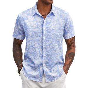 imageCOOFANDY Mens Hawaiian Shirts Short Sleeve Tropical Button Down Shirt Floral Shirt Summer Beach ShirtLeaf Bluewhite