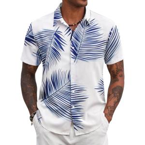 imageCOOFANDY Mens Hawaiian Shirts Short Sleeve Tropical Button Down Shirt Floral Shirt Summer Beach ShirtLeaf Whiteblue