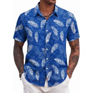 imageCOOFANDY Mens Hawaiian Shirts Short Sleeve Tropical Button Down Shirt Floral Shirt Summer Beach ShirtPalm Leaf Blue
