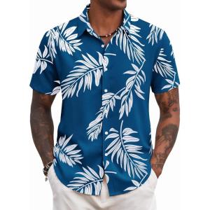 imageCOOFANDY Mens Hawaiian Shirts Short Sleeve Tropical Button Down Shirt Floral Shirt Summer Beach ShirtPalm Leaf Navy