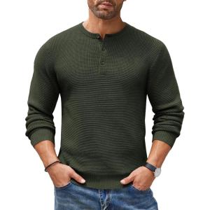 imageCOOFANDY Mens Henley Knit Sweater Long Sleeve Button Pullover Sweater Casual Waffle Texture Fashion Henley SweaterArmy Green