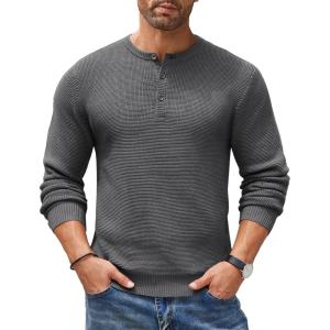 imageCOOFANDY Mens Henley Knit Sweater Long Sleeve Button Pullover Sweater Casual Waffle Texture Fashion Henley SweaterDark Grey