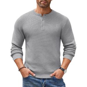 imageCOOFANDY Mens Henley Knit Sweater Long Sleeve Button Pullover Sweater Casual Waffle Texture Fashion Henley SweaterLight Grey