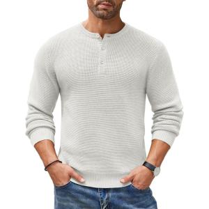 imageCOOFANDY Mens Henley Knit Sweater Long Sleeve Button Pullover Sweater Casual Waffle Texture Fashion Henley SweaterWhite