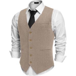 imageCOOFANDY Mens Herringbone Tweed Suit Vests Slim Fit Waistcoat Casual Business Dress VestKhaki