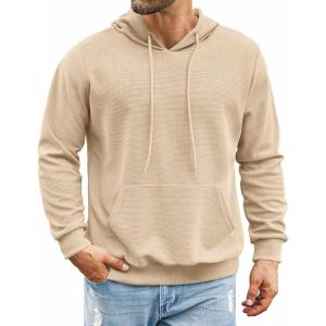 imageCOOFANDY Mens Hooded Sweatshirts Long Sleeve Casual Pullover Hoodie Waffle Knit Sweatshirt with PocketKhaki