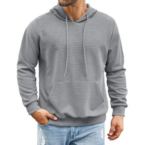 imageCOOFANDY Mens Hooded Sweatshirts Long Sleeve Casual Pullover Hoodie Waffle Knit Sweatshirt with PocketLight Grey