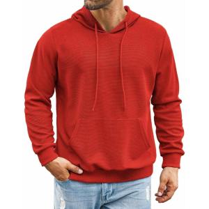 imageCOOFANDY Mens Hooded Sweatshirts Long Sleeve Casual Pullover Hoodie Waffle Knit Sweatshirt with PocketRed