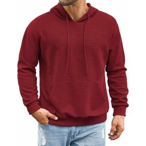 imageCOOFANDY Mens Hooded Sweatshirts Long Sleeve Casual Pullover Hoodie Waffle Knit Sweatshirt with PocketWine Red