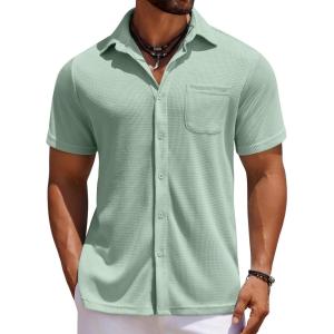 imageCOOFANDY Mens Knit Button Down Shirts Casual Short Sleeve Polo Shirt Summer Beach Shirts with PocketGossamer Green