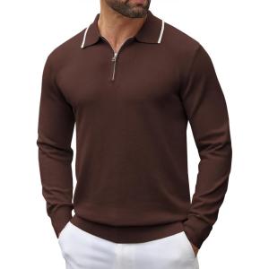 imageCOOFANDY Mens Knit Polo Shirt Long Sleeve Quarter Zip Polo Sweater Casual Golf Shirts Vintage Striped Collar PoloBrown
