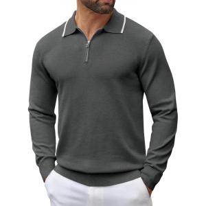 imageCOOFANDY Mens Knit Polo Shirt Long Sleeve Quarter Zip Polo Sweater Casual Golf Shirts Vintage Striped Collar PoloGrey Heather